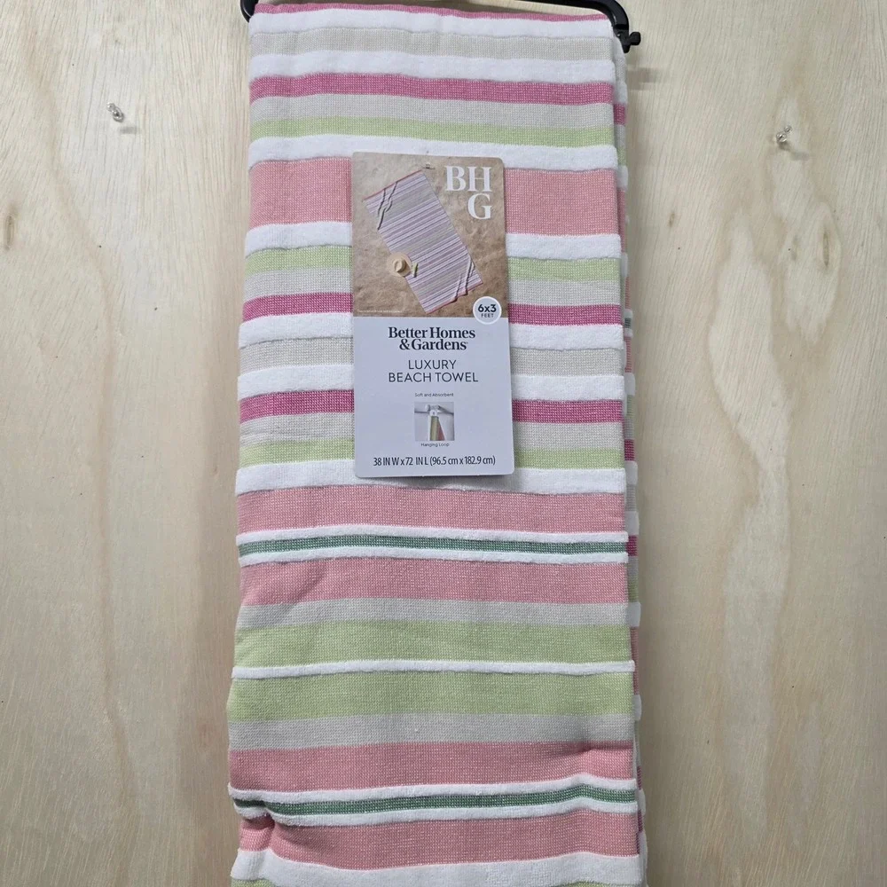 Better Homes & Gardens Luxury Beach Towel Pink Green St. Tropez Stripe 38x72 NEW